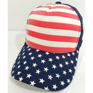 American Flag Trucker Hat Red & White Stripes Blue Star Pattern Patriotic